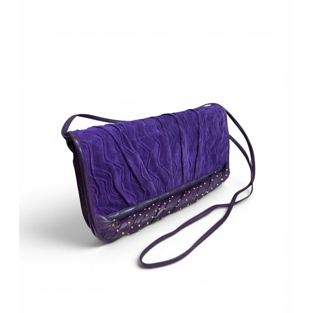 Vintage 80’s Sharif Purple Suede Leather Ruched Shoulder Bag Metal Studding